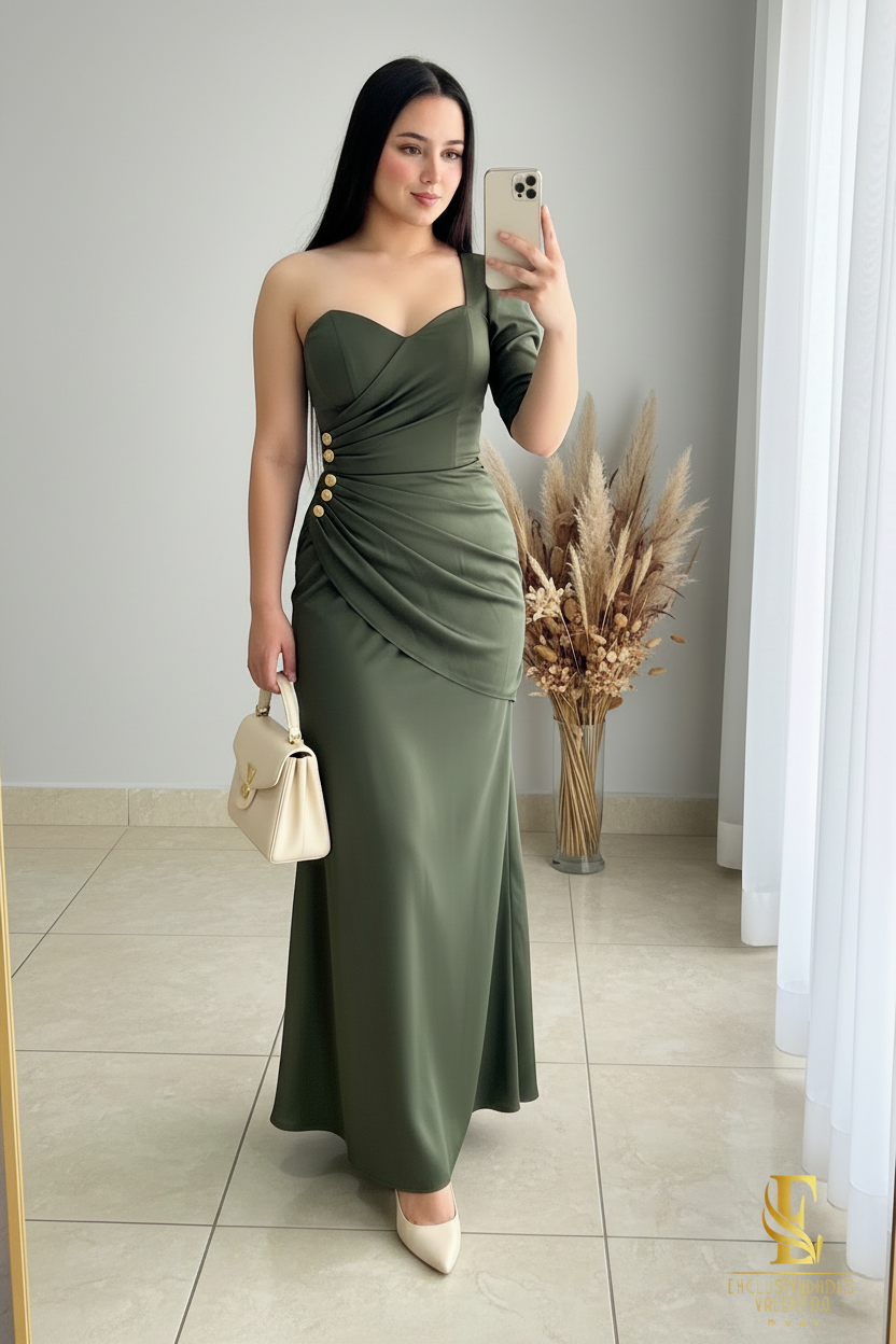Vestido Verde Olivo | Un Hombro Manga Larga con Drapeado y Botones Dorados cod.V524