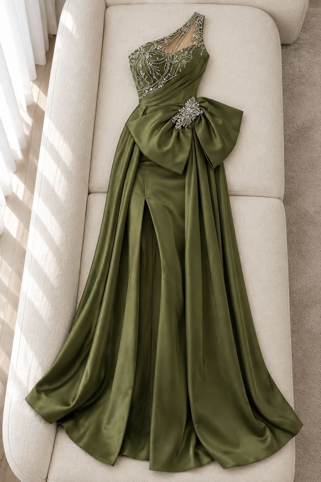 Vestido largo verde oliva de un hombro con pedrería y lazo lateral cod. VC013