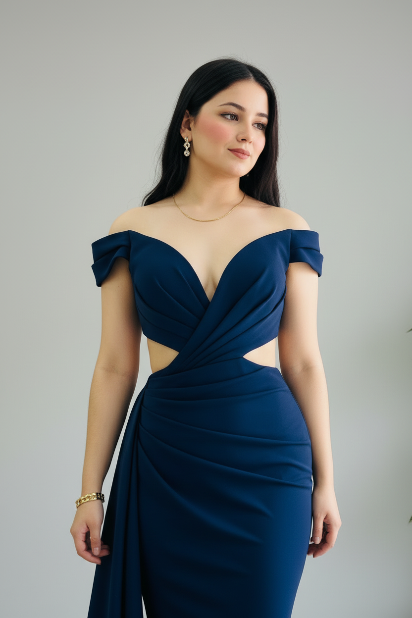 Vestido Formal Azul Marino Off-Shoulder con Cutouts y Drapeado Asimétrico cod.525