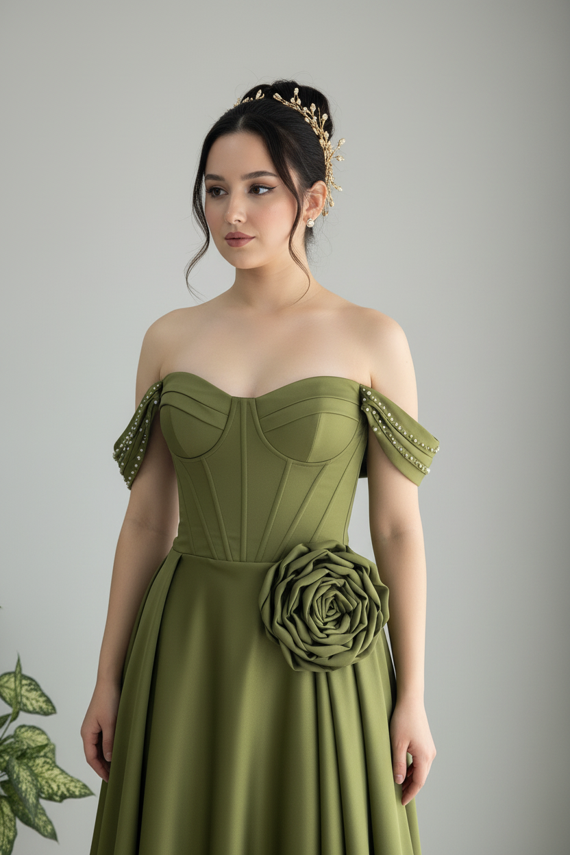 Vestido Verde Oliva Off-Shoulder Corsé Rosa Abertura cod.0021