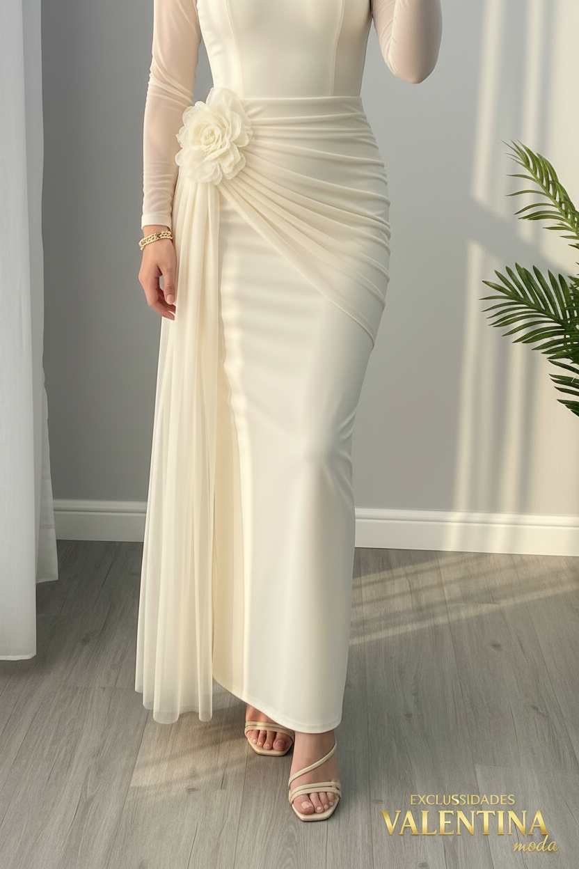 Vestido Largo Blanco Crema Flor 3D Manga Tul cod.V715