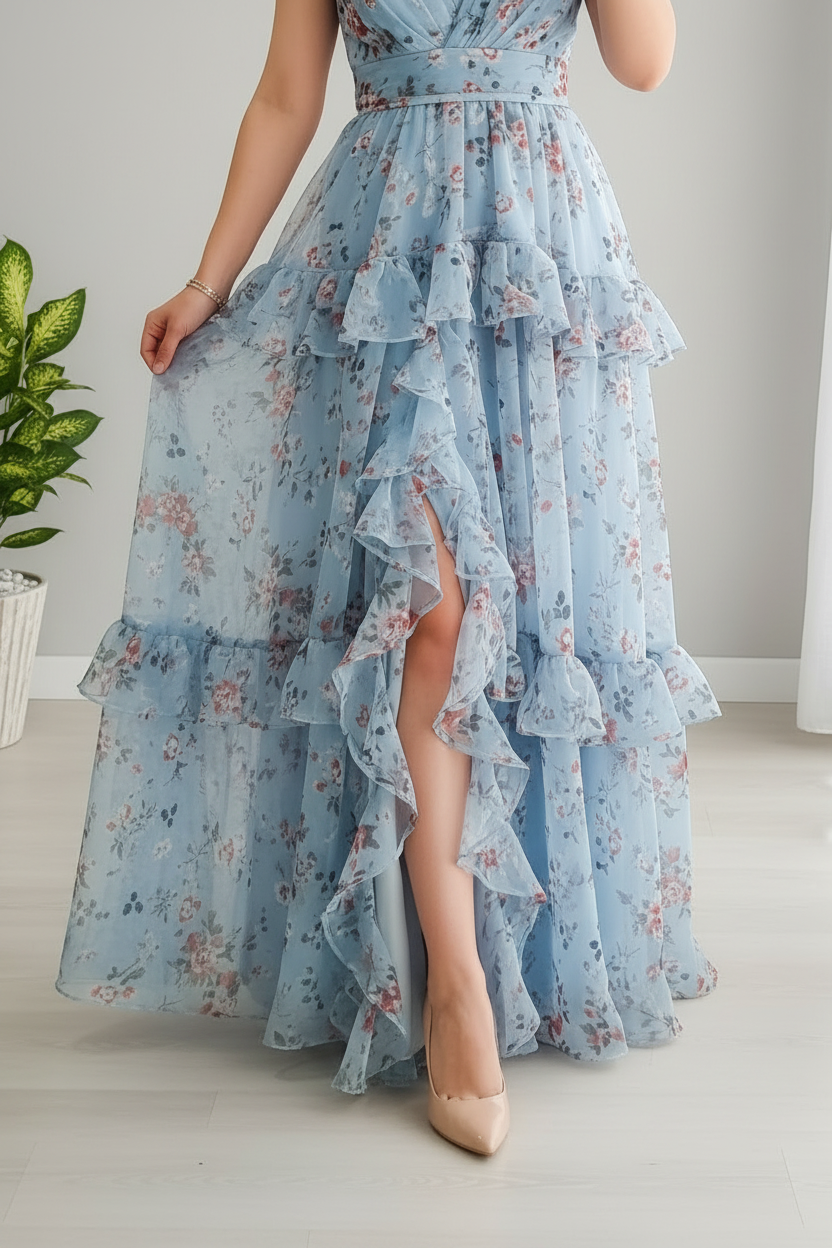 Vestido Azul Floral — Escote V, Volantes & Abertura cod.862