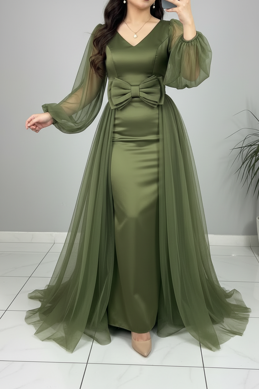 Vestido Verde Olivo Satén Tul Lazo cod.605