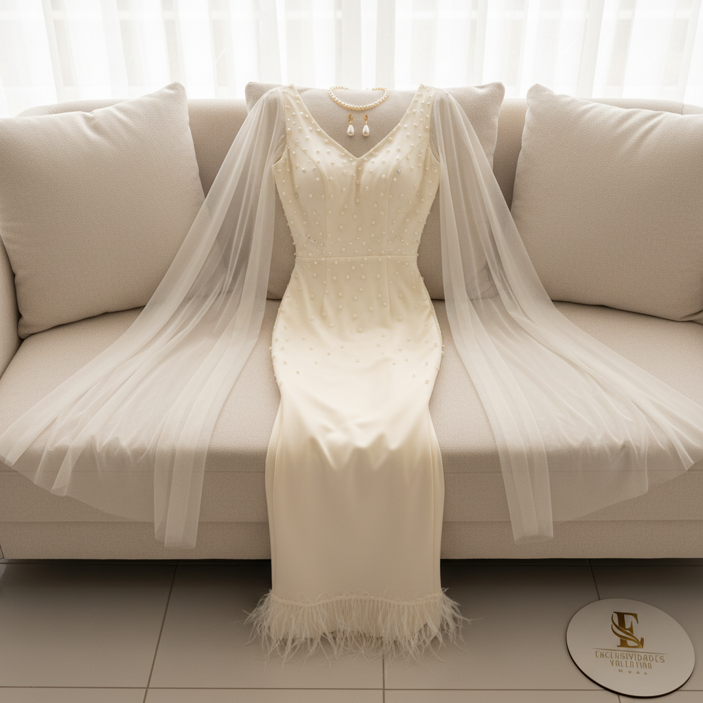 Vestido Crema Perlas Capa Tul Plumas cod.606