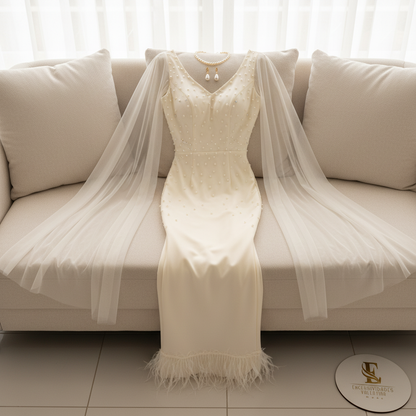 Vestido Crema Perlas Capa Tul Plumas cod.606