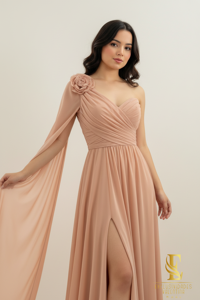 Vestido Rosa Palo One-Shoulder Chifón con Flor, Capa y Abertura cod.0081