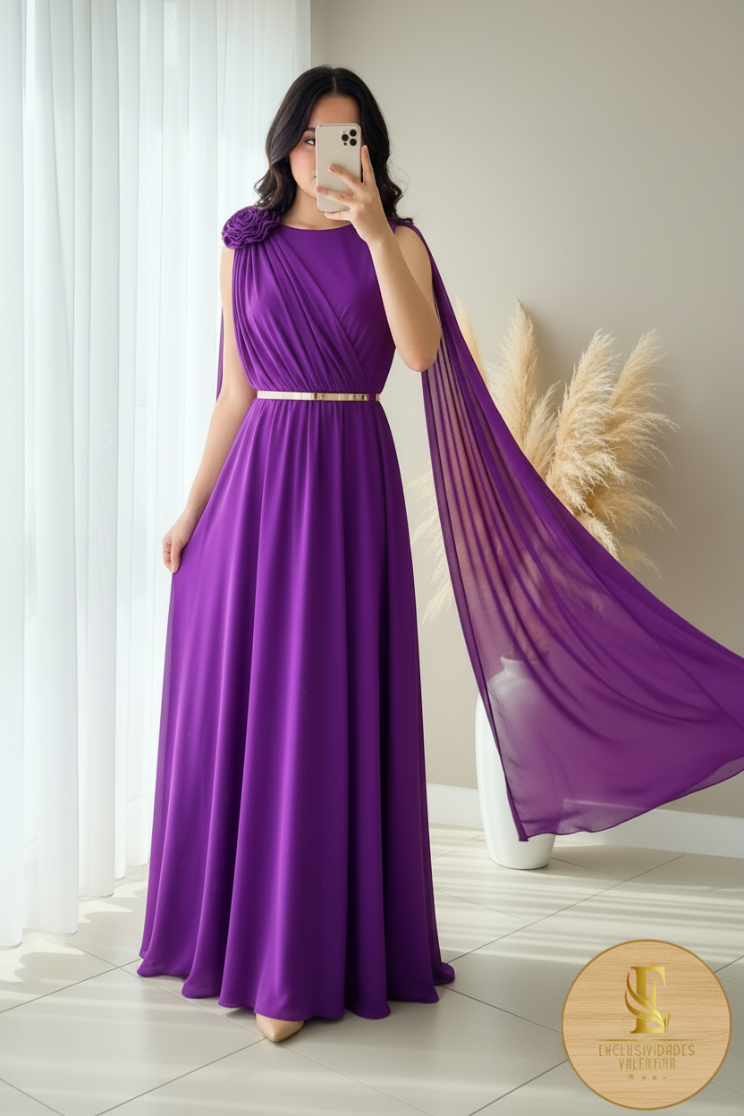Vestido Morado Chiffon con Capa y Rosa 3d cod.0094