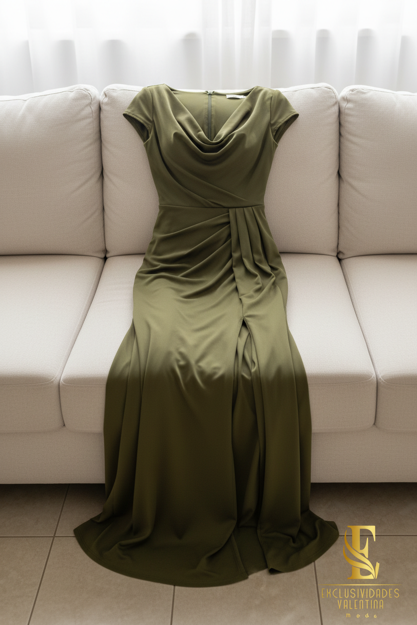 Vestido Sirena Verde Olivo | Drapeado Cruzado y Abertura cod.V439