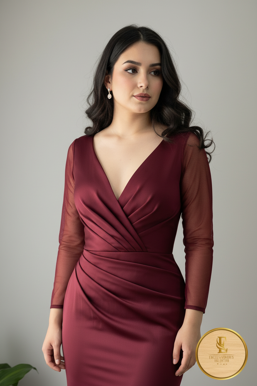 Vestido Vino Burdeos Manga Encaje Sirena Espalda Descubierta cod.00104