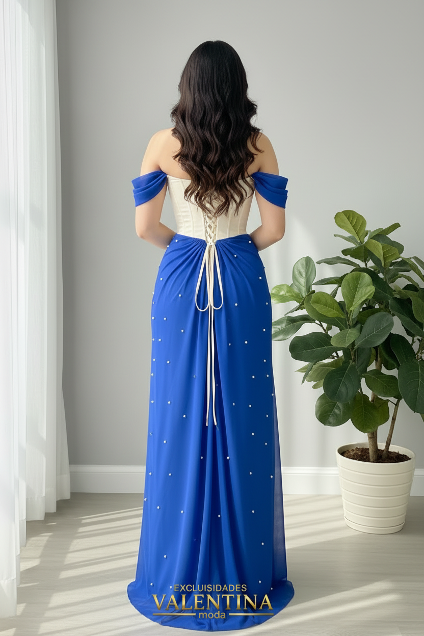 Vestido Bicolor Azul Royal con Perlas cod.V729