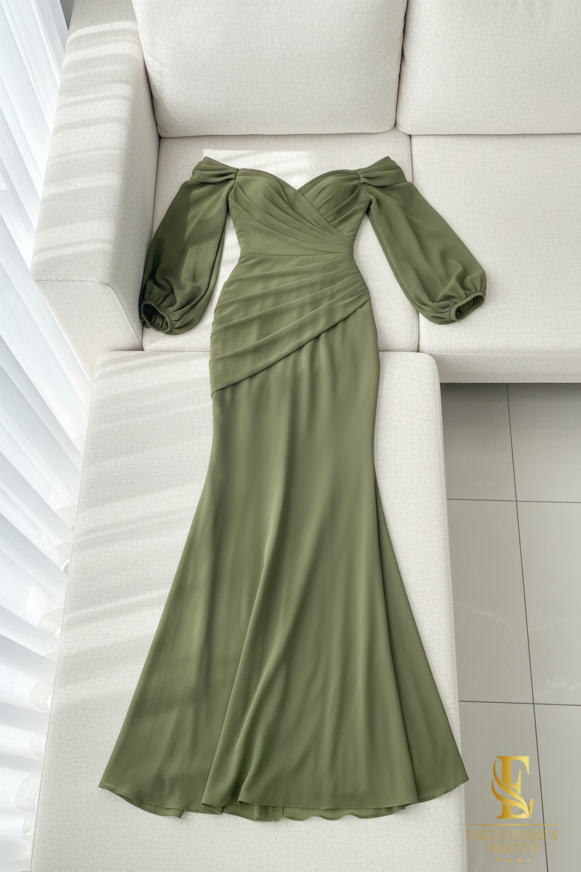Vestido Verde Olivo Off-Shoulder Manga Globo Sirena Cod.V350