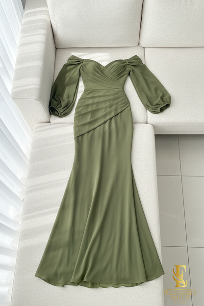 Vestido Verde Olivo Off-Shoulder Manga Globo Sirena Cod.V350