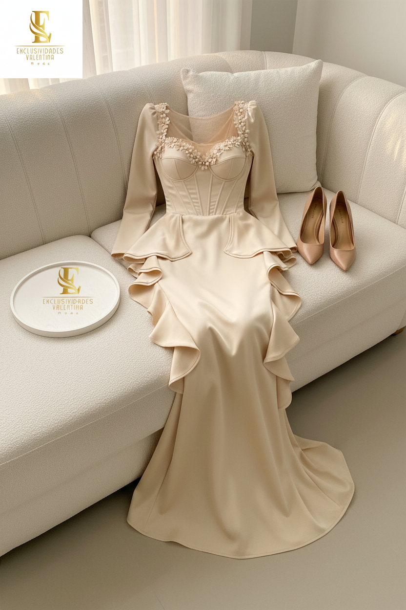 Vestido Champagne Satinado Corset Flores D cod.00170