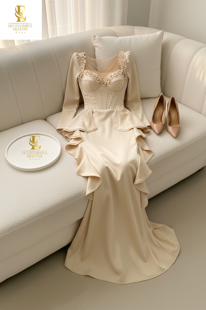 Vestido Champagne Satinado Corset Flores D cod.00170