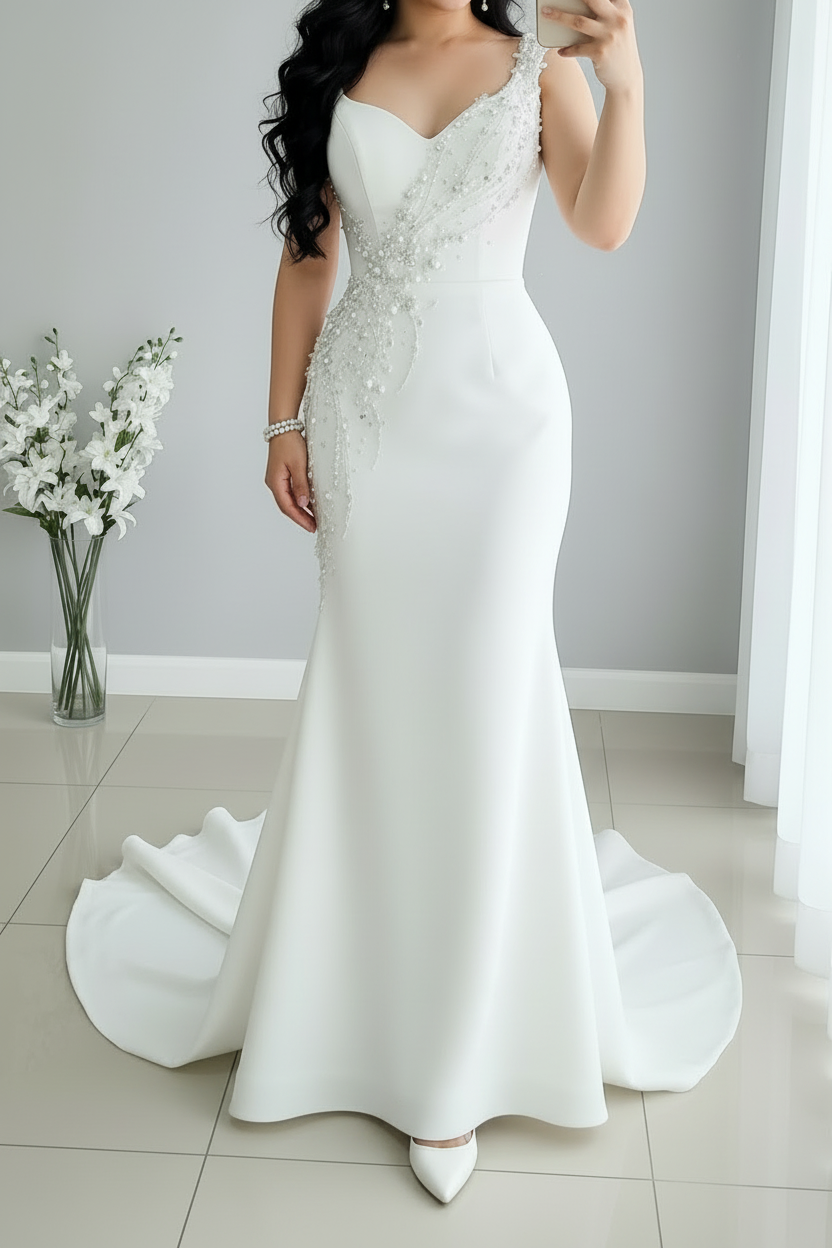 Vestido Novia Blanco Sirena con Bordado de Perlas cod.V0025