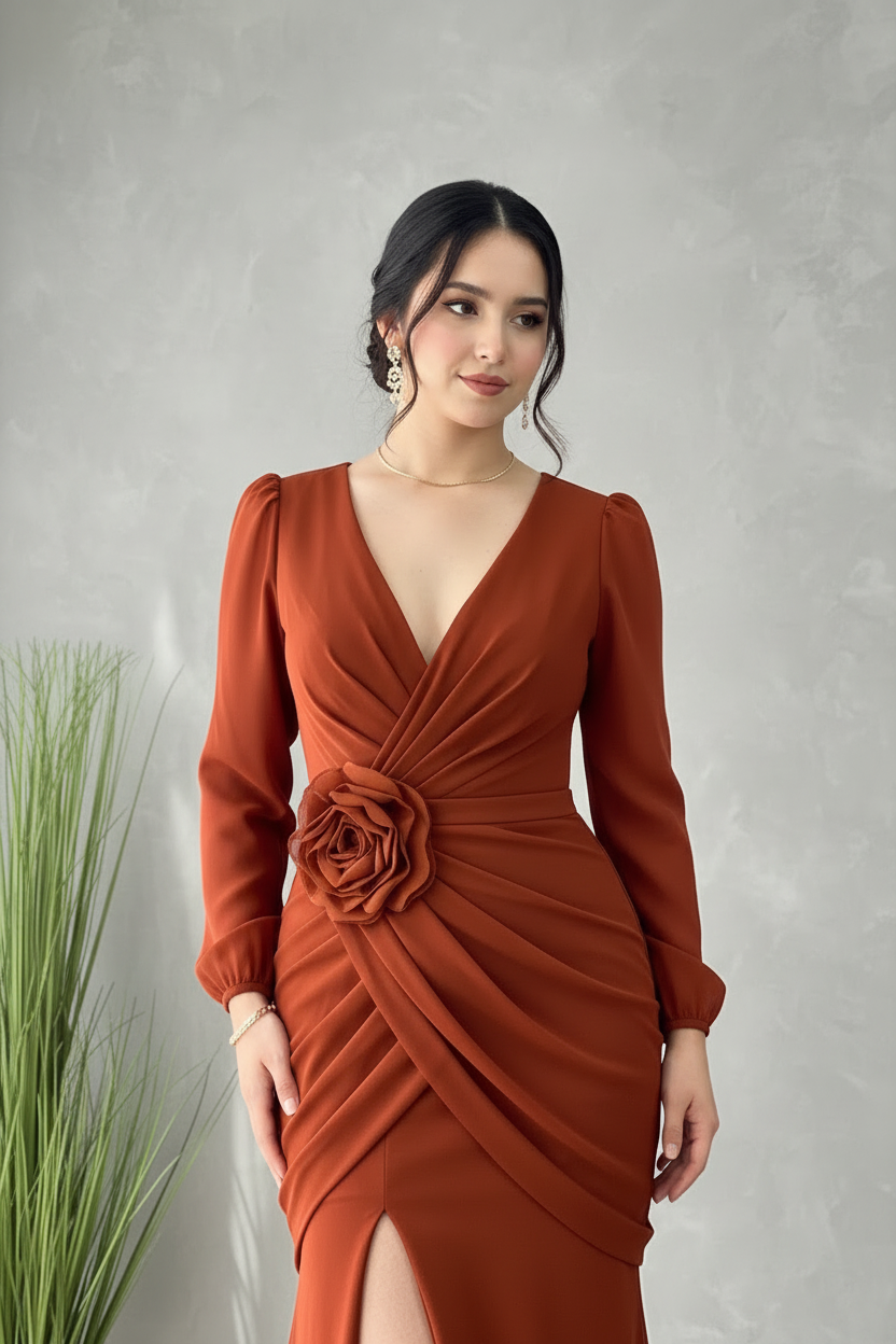 Vestido Terracota Manga Larga Sirena con Rosa D cod.967