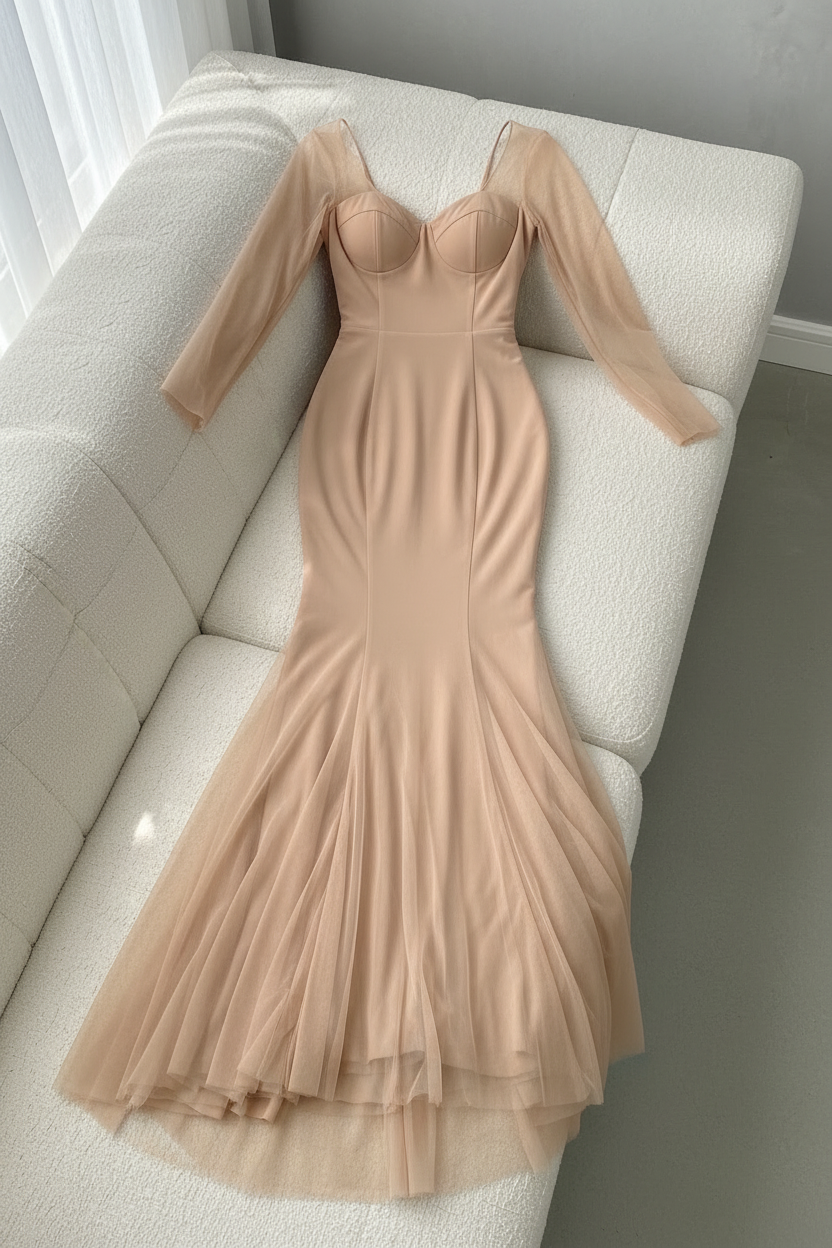 Vestido Nude Sirena con Tul y Tirantes cod.V363