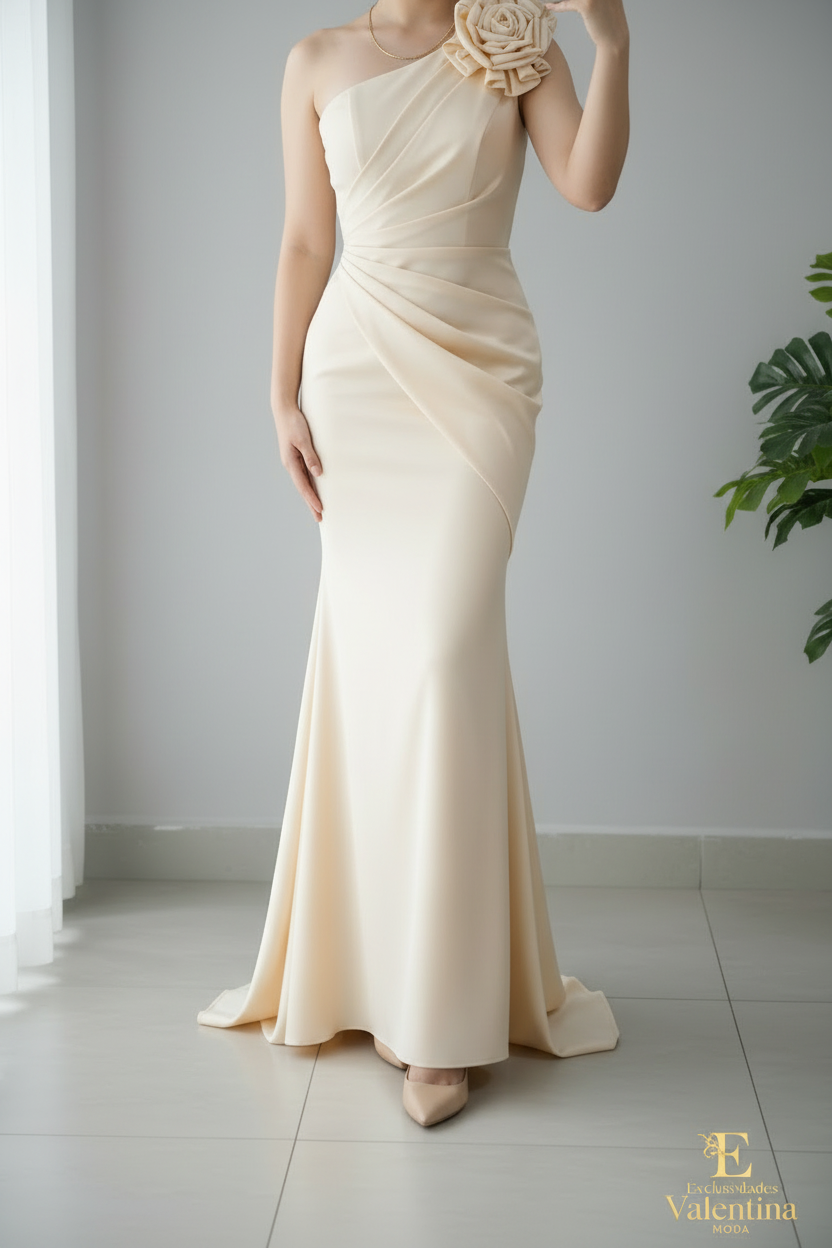 Vestido Champagne Un Hombro Rosa 3D Sirena cod.922