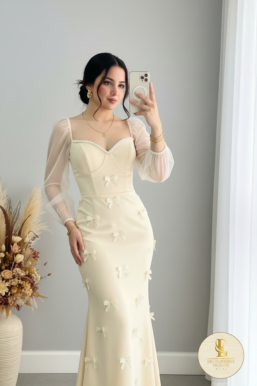 Vestido Crema Sirena Lazos 3D Manga Globo o cod.V386