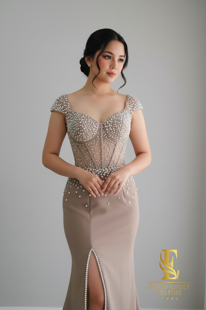 Vestido Sirena Champagne con Córset Transparente de Perlas cod.V247