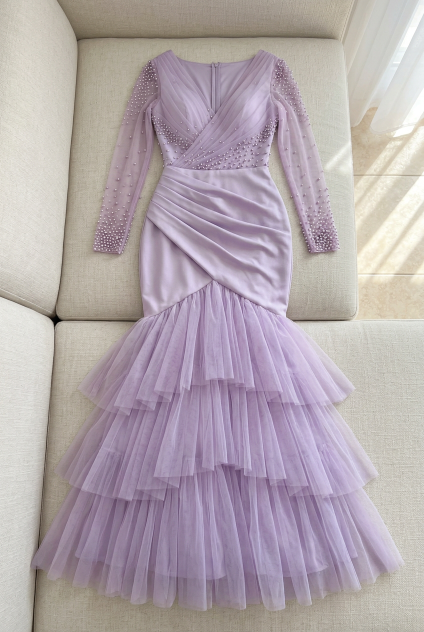 Vestido largo lila con mangas de perlas y falda de tul en capas cod. VC028