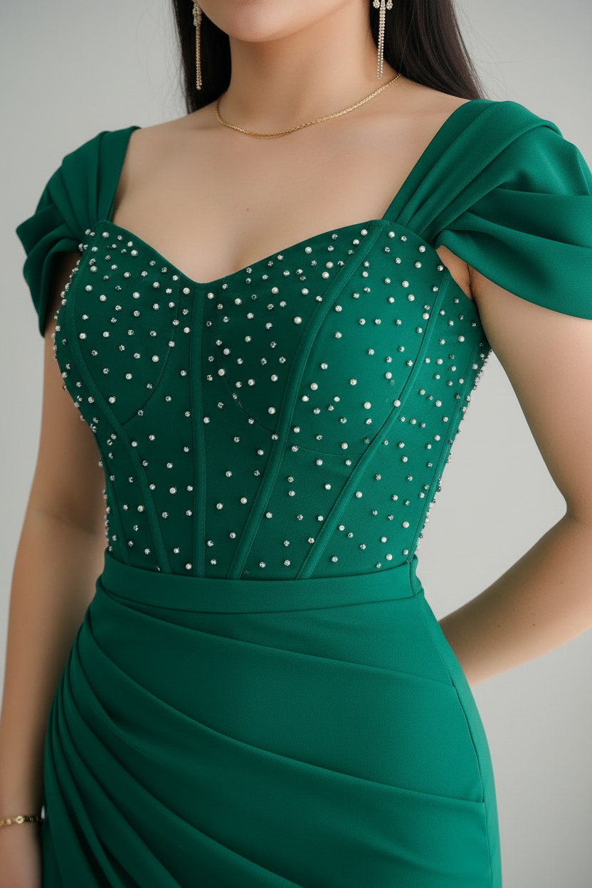Vestido Verde Esmeralda Sirena con Corset de Perlas y Drapeado cod.V781