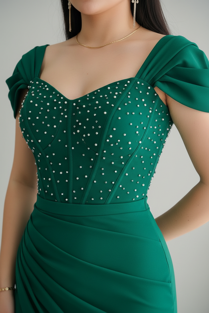 Vestido Verde Esmeralda Sirena con Corset de Perlas y Drapeado cod.V781