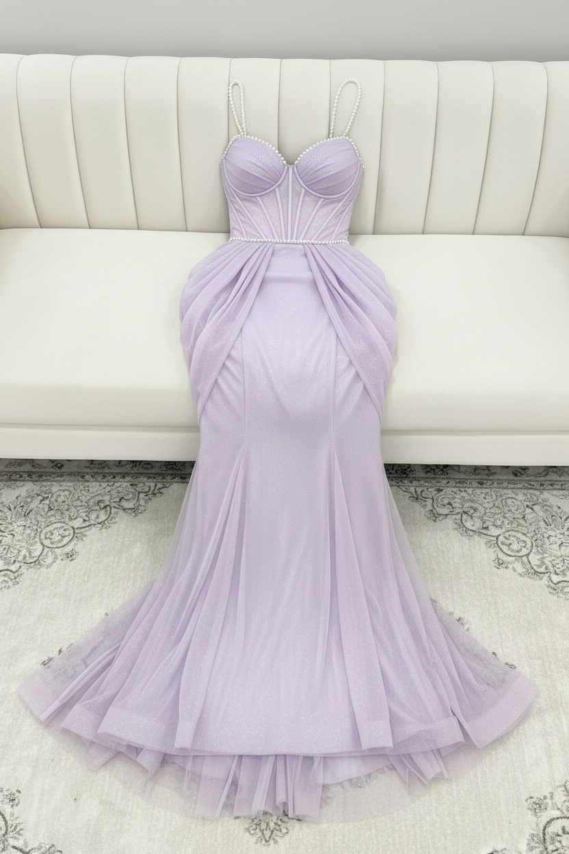 Vestido Lila — Corset de Tul con Drápado Pétalos y Sirena cod.V622