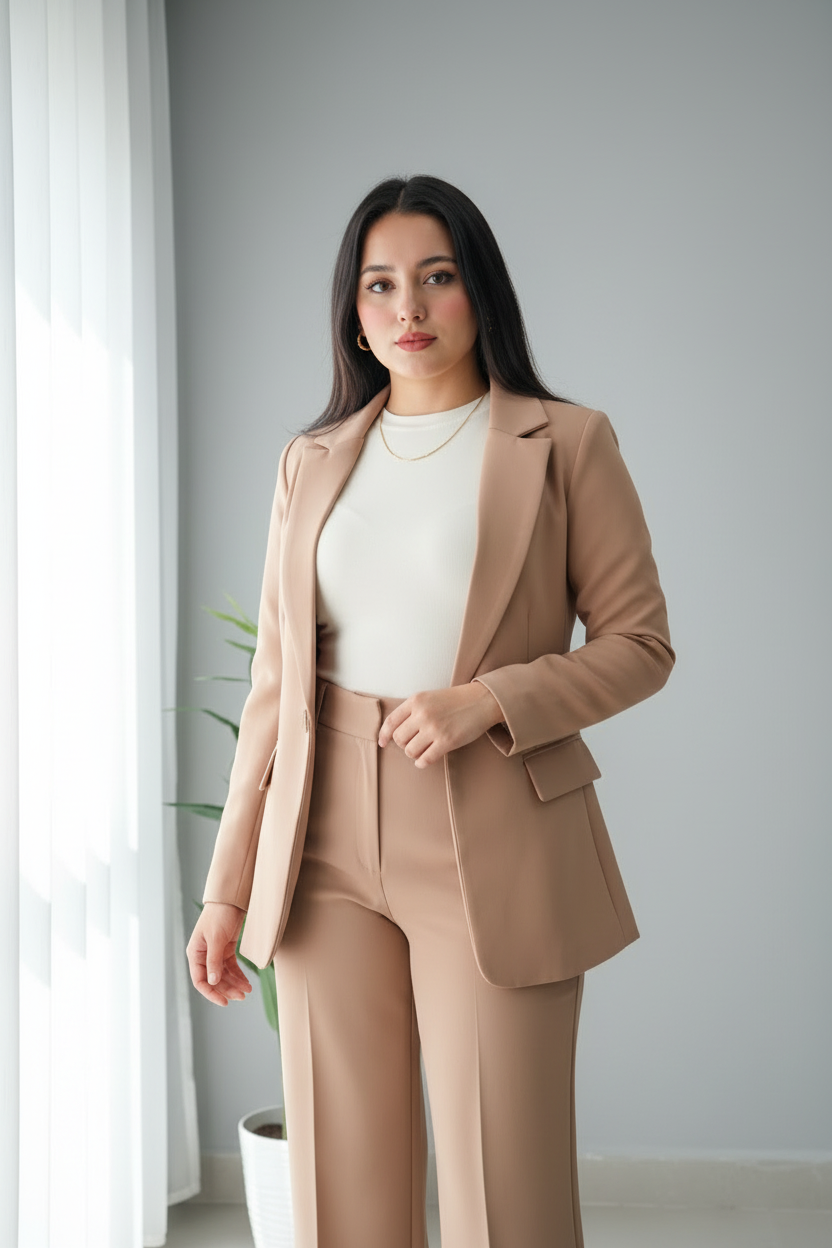 Conjunto 2 Piezas Blazer Sastre Camel y Pantalón Acampanado Tiro Alto cod.769
