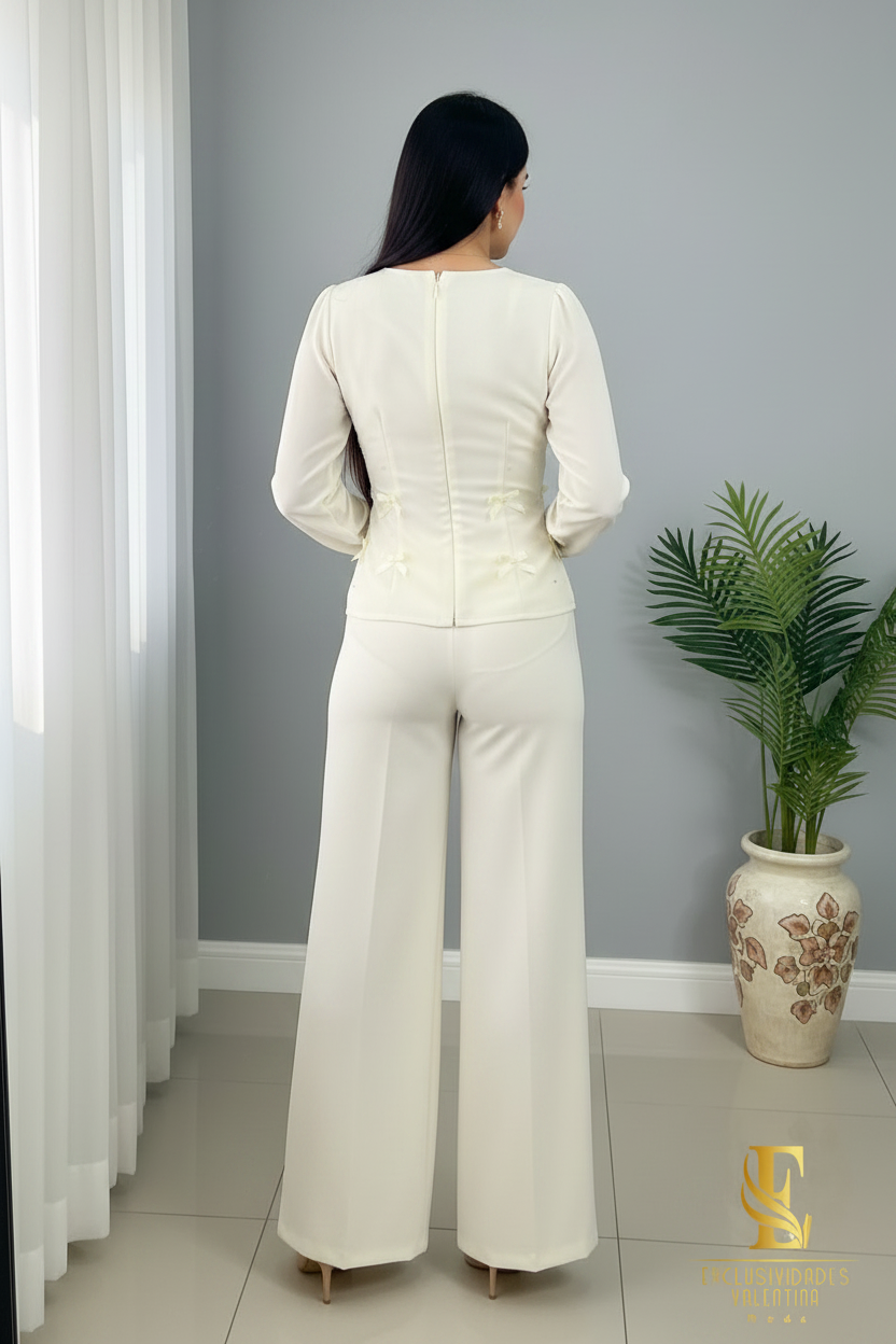 Conjunto Marfil — Top Lazos 3D & Palazzo cod.0042