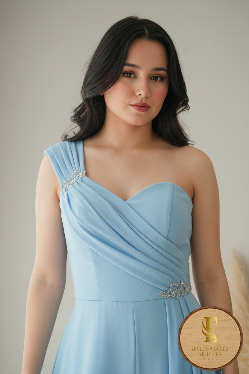 Enterizo Azul Cielo One-Shoulder Palazzo Drapeado Broche Cristales cod.00108