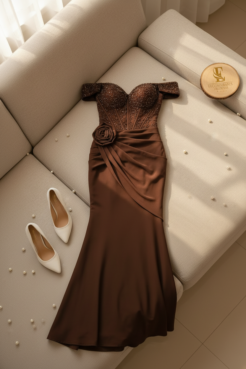 Vestido Formal Chocolate Off-Shoulder Corset de Pedrería con Rosa 3D y Falda Sirena cod.523