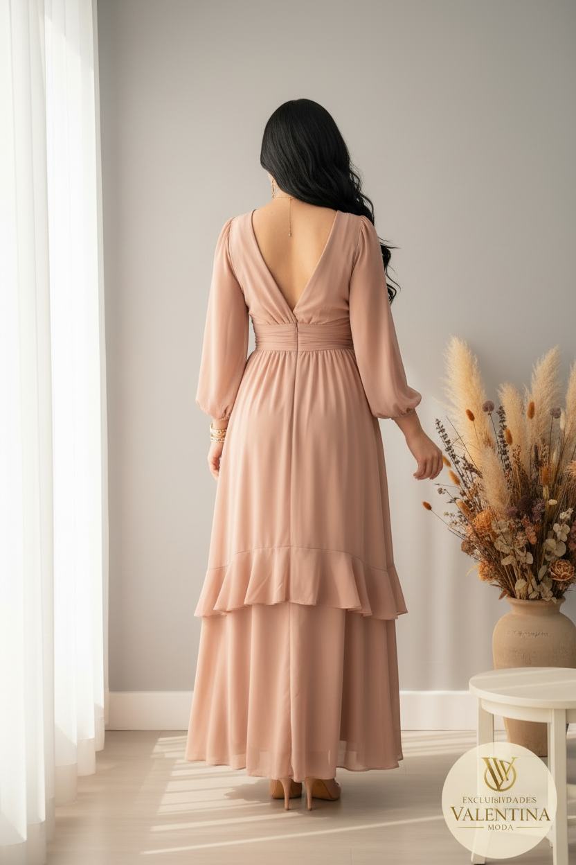 Vestido Nude Gasa Mangas Abullonada cod.00158
