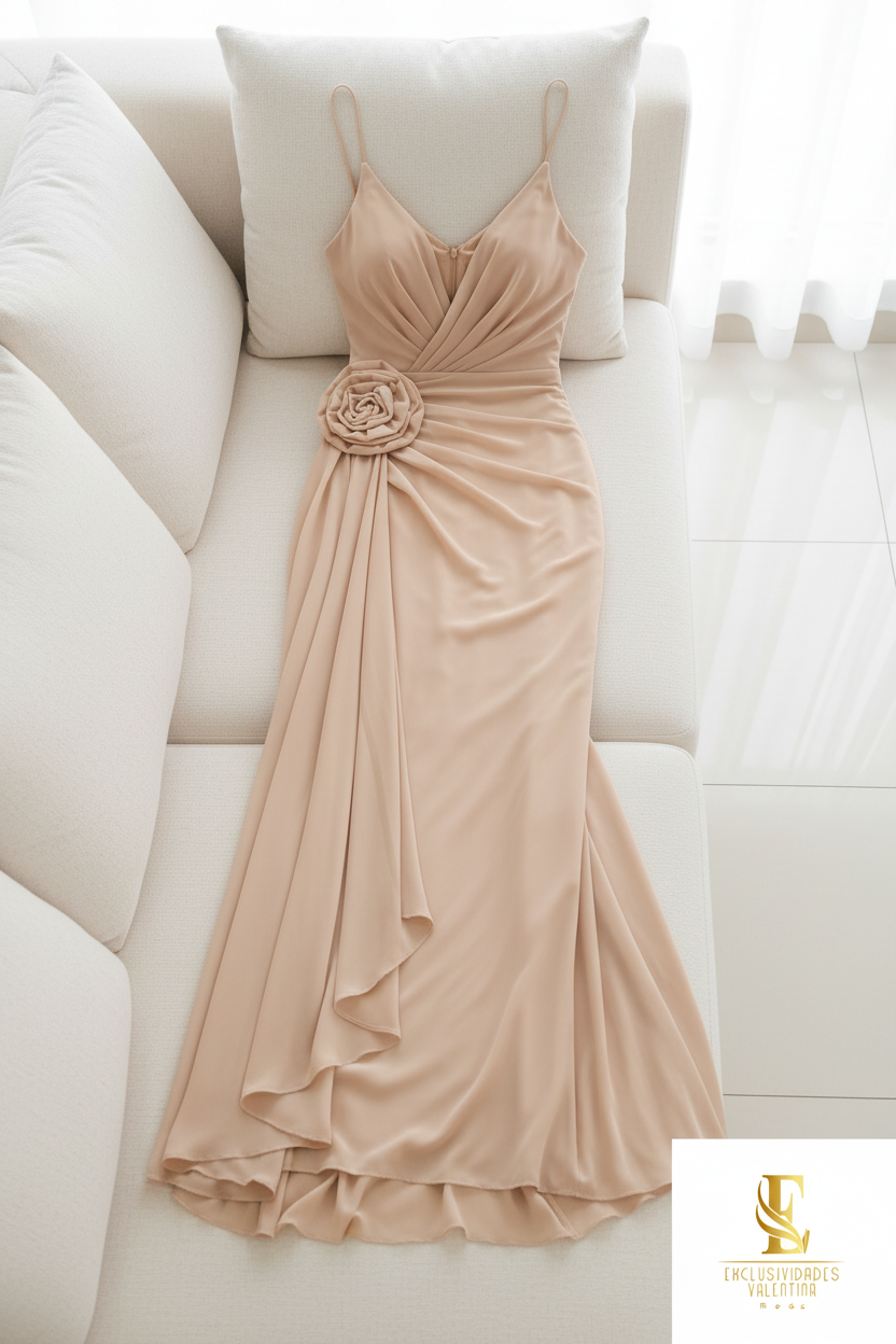Vestido Nude Stretch con Flor 3D cod.V342