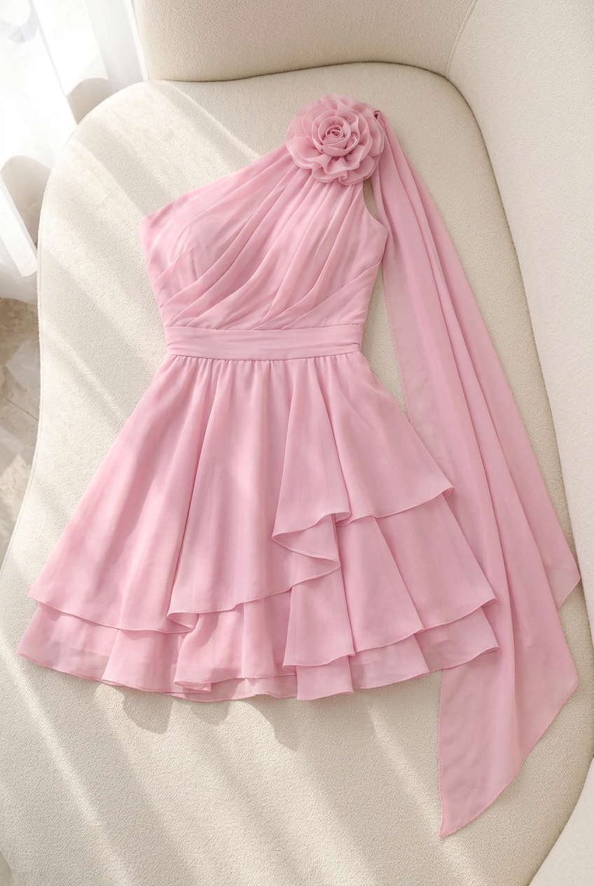 Vestido corto rosa de un hombro con flor y volantes cod. VC036