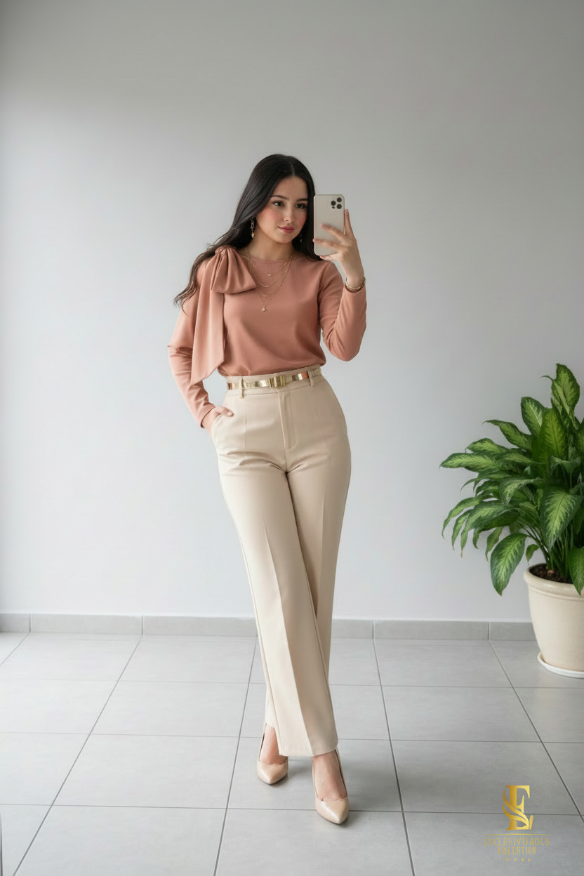 Conjunto Salmón Blusa Lazo Pantalón Recto Crema cod.C334
