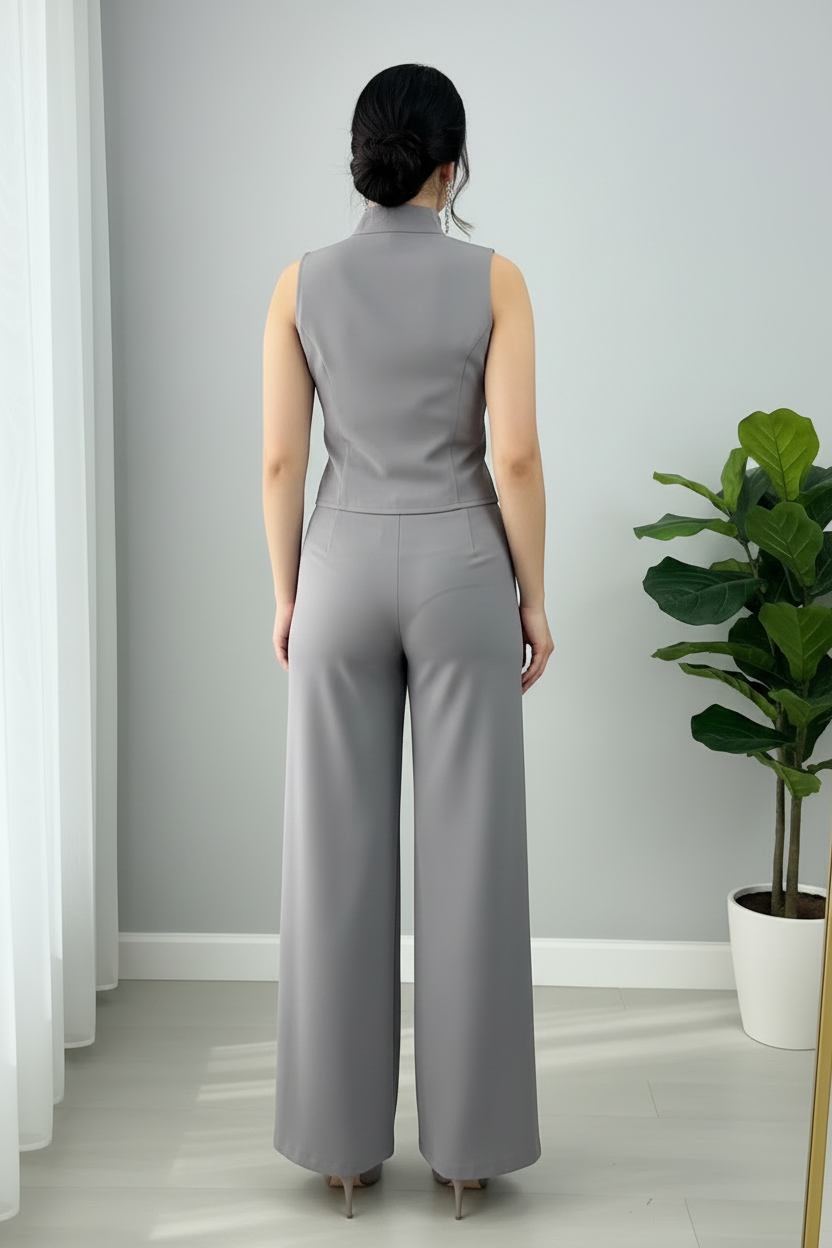 Conjunto Dos Piezas Gris Perla — Chaleco Sastre & Pantalón Palazzo cod.893