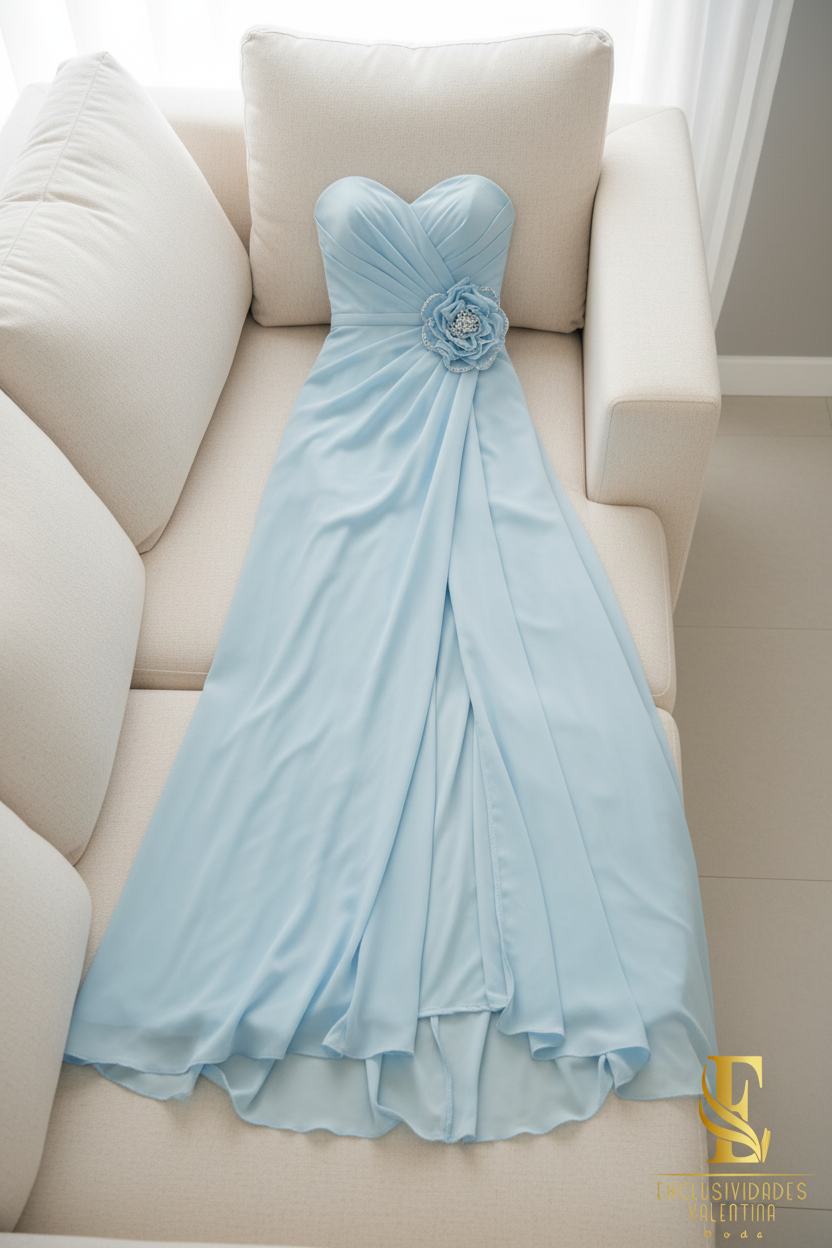 Vestido Azul Cielo Chiffon Strapless Rose  cod.V231