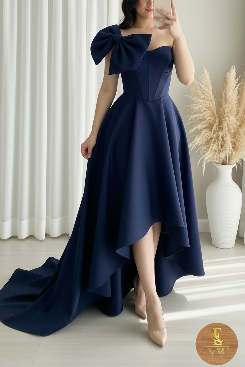 Vestido Azul Marino Satén Moño Corsé High-Low cod.001
