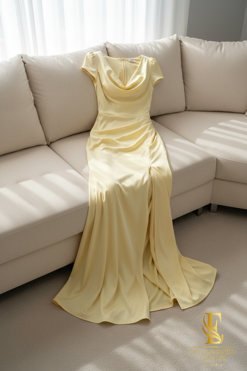 Vestido Sirena Amarillo Pastel | Cowl Neck y Abertura cod.V436