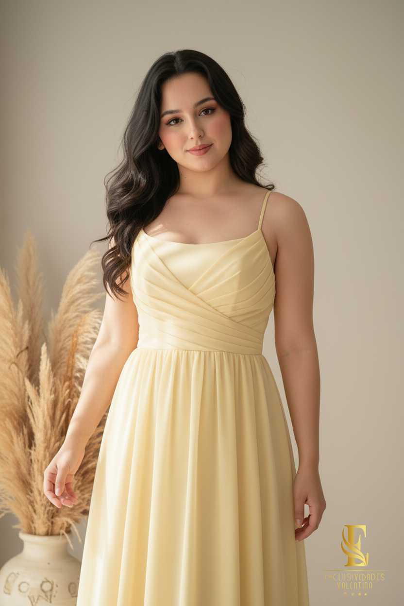 Vestido Amarillo Pastel Chifón A-Line con Tirantes y Cuerpo Drapeado cod.0078