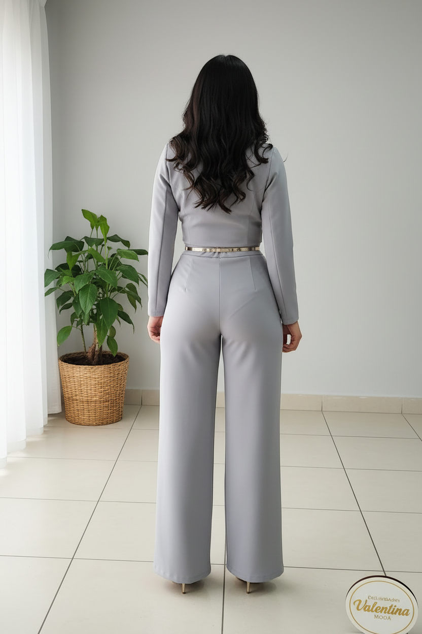 Conjunto 2 Piezas Gris Perla Blazer Cropped Doble Botonadura y Palazzo cod.00144