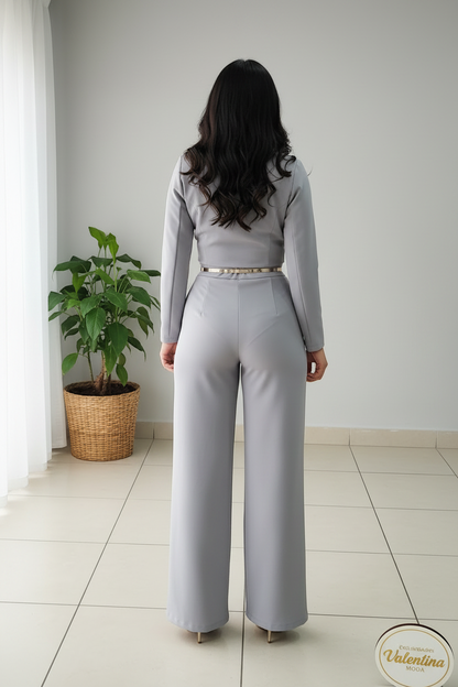 Conjunto 2 Piezas Gris Perla Blazer Cropped Doble Botonadura y Palazzo cod.00144