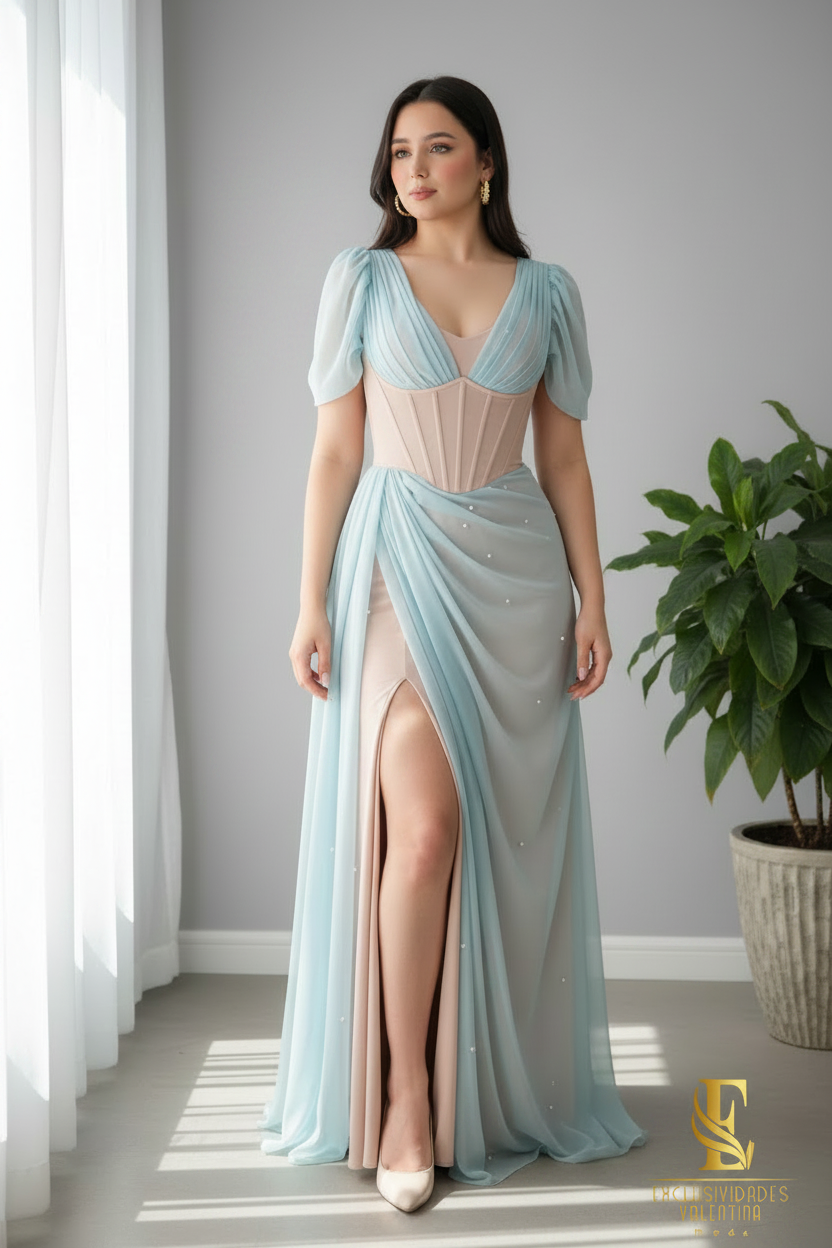 Vestido Celeste Chiffon con Corsé y Mangas Puff cod.V663