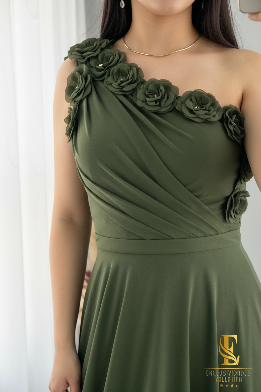 Vestido Verde Oliva Largo Un Hombro Rosas 3D Falda Evasé cod.V297