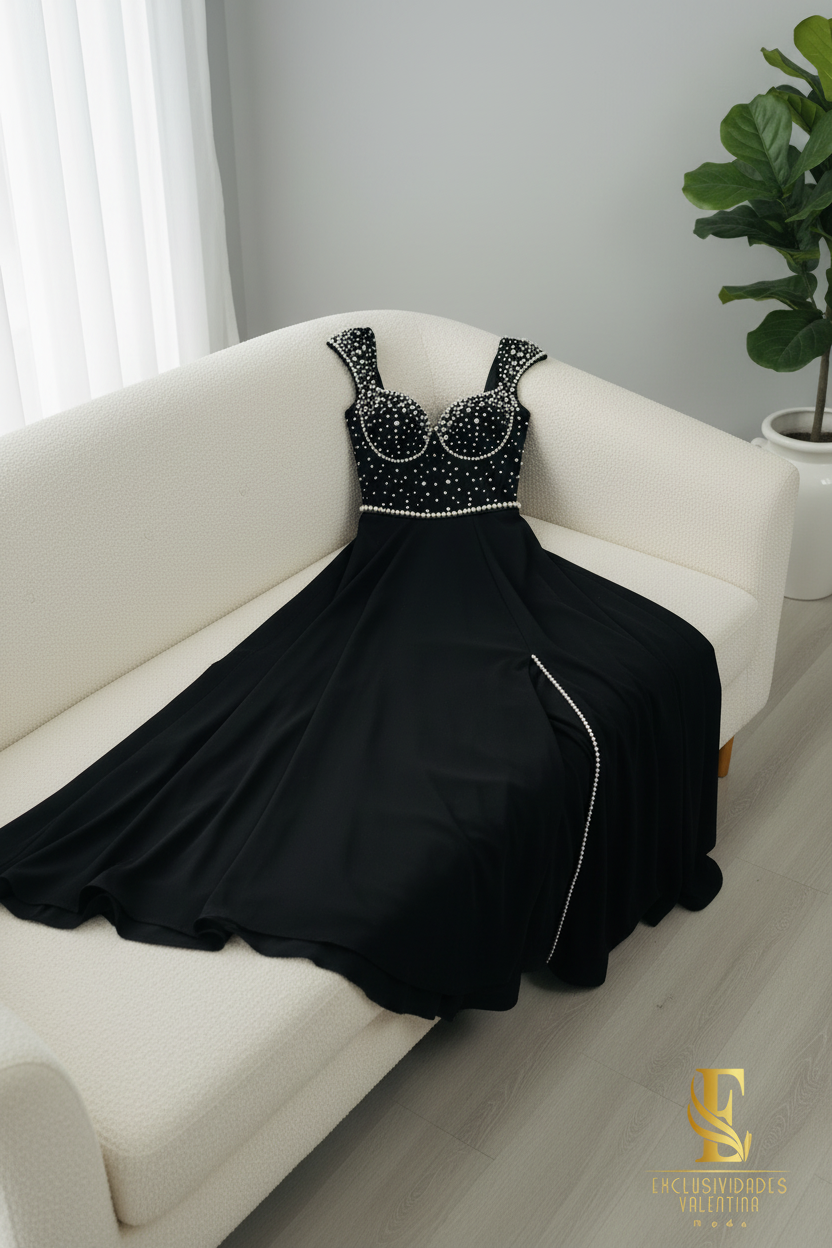 Vestido Negro con Córset de Perlas y Falda con Abertura cod.V245