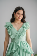 Vestido Verde Menta Maxi con Volantes y Abertura cod.953