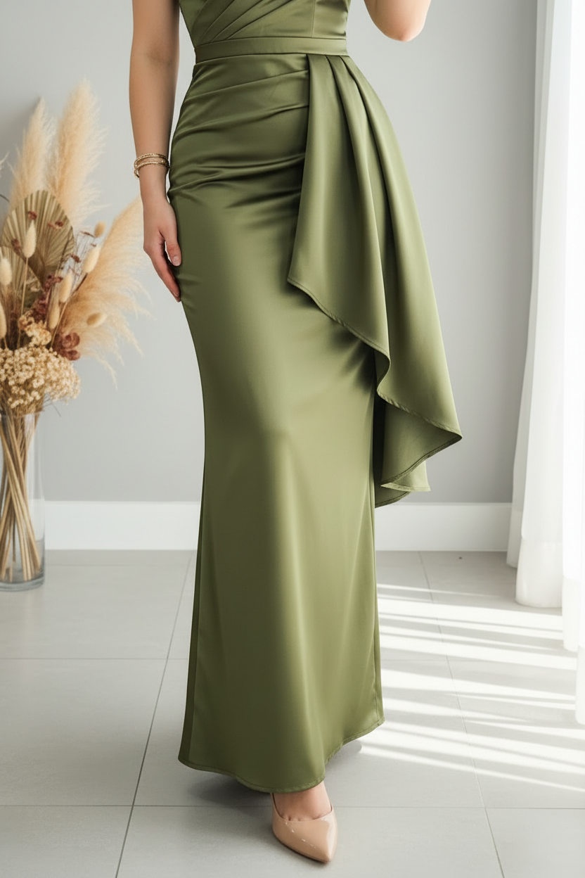 Vestido Verde Olivo Strapless Volante Lateral cod.V422