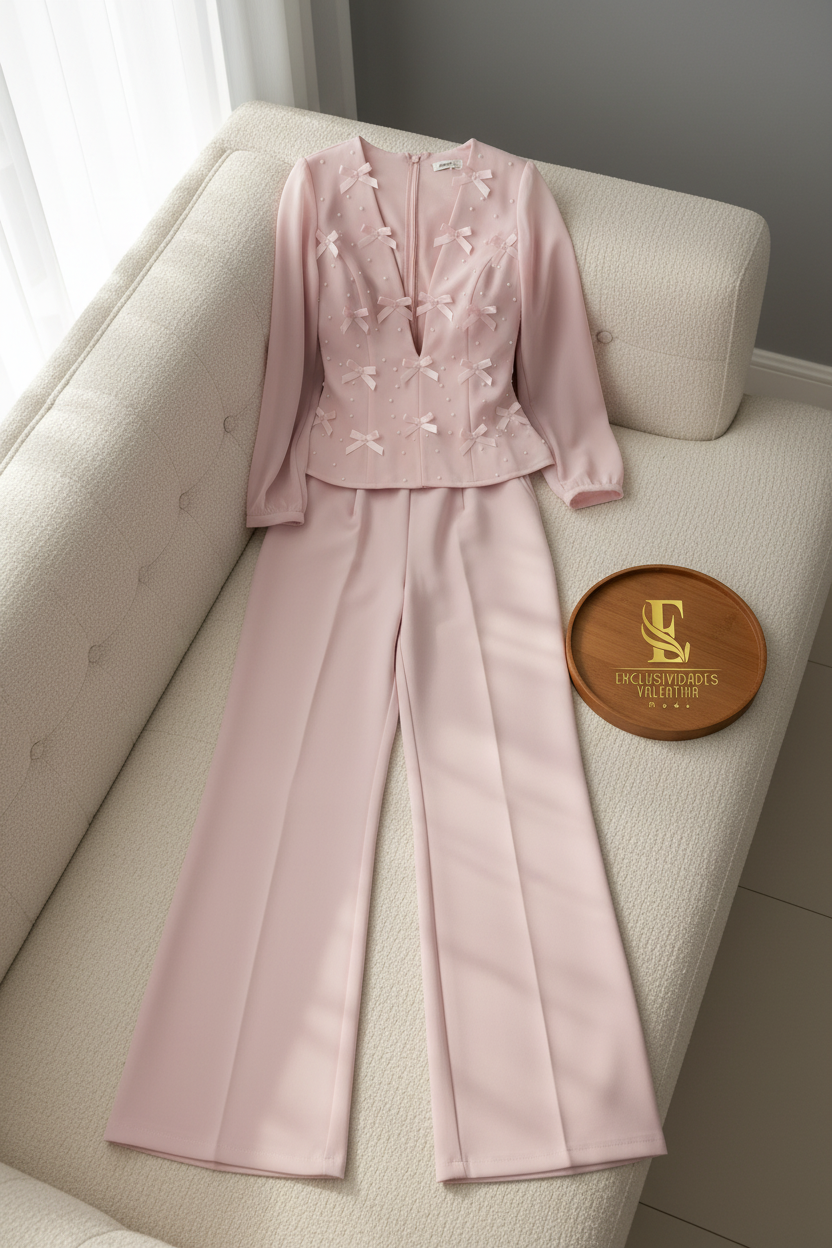 Conjunto Rosa Palo — Top Lazos 3D & Palazzo cod.0041