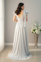 Vestido Gris Plateado Manga Abullonada Escote V Cruzado Falda A-Line — Gala y Eventos de Lujo cod.0071